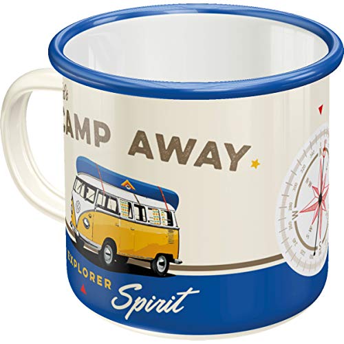 Nostalgic-Art - Taza de café esmaltada retro Volkswagen Bulli T1 – Let's Camp Away – Idea de regalo para los fans de VW Bus – Taza de camping vintage de 360 ml