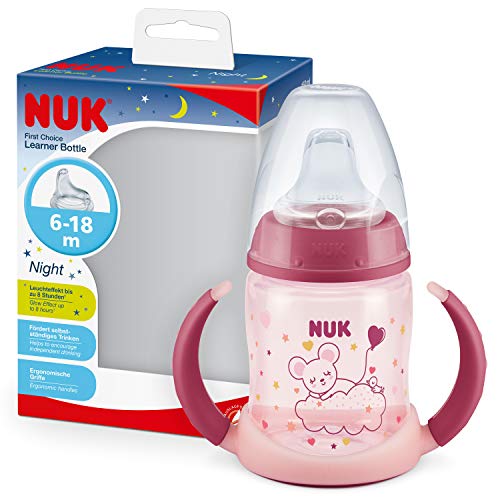 NUK First Choice+ - Biberón para aprender a beber (6 – 18 meses, 150 ml, válvula anticólicos, boquilla antigoteo, efecto luminoso, asas ergonómicas, sin BPA, color rosa