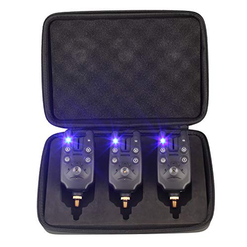 OKVGO 3 piezas por juego Alarmas de mordida de pesca con sonido y luz con funciones de 1 altavoz de salida 2 Indicador LED de almuerzo y 3 Modo de sensibilidad 4 Modo de tono 5 Modo de volumen