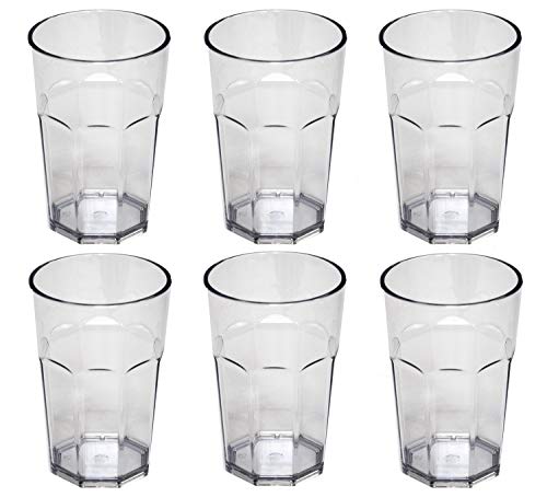 Omada Design set de 6 vasos de bar, refresco o bebida larga 42.5 cl, 12.5 cm de alto en plástico, irrompible, apilable, octogonal y apto para lavavajillas, Unglassy Line