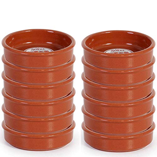 Pack de 12 Cazuelas redondas de barro, diámetro exterior 11.3 cm, diámetro interior 9.7 cm, apta para vitro y horno