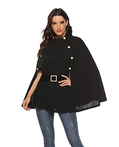 Poncho versátil para mujer, con botones, cinturón y capa sin mangas, elegante, color negro Negro M