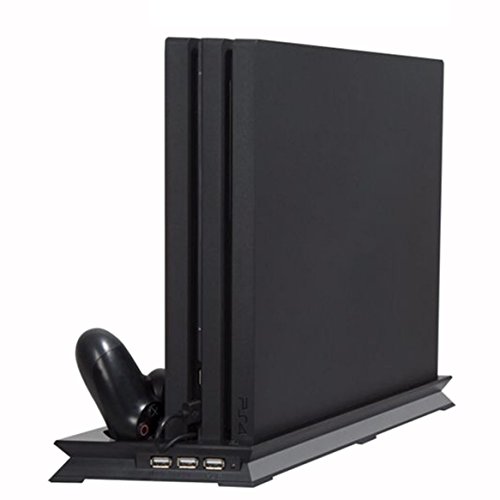 PS4 Slim Ventilador Vertical Estación de acoplamiento de soporte, sistema de refrigeración de almohadilla doble para consola 2 Controlador de control remoto Base de carga 3 concentrador de puerto USB