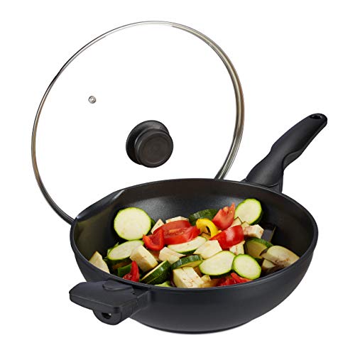 Relaxdays Wok 10031502 - Sartén wok con tapa de cristal (30 cm, asas, antiadherente, para inducción, gas, eléctrica, 4 L), color negro