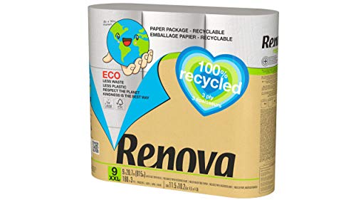 Renova Papel Higiénico 100% Recycled - 9 Rollos 100% Reciclados & Envueltos en Papel Sin Plásticos