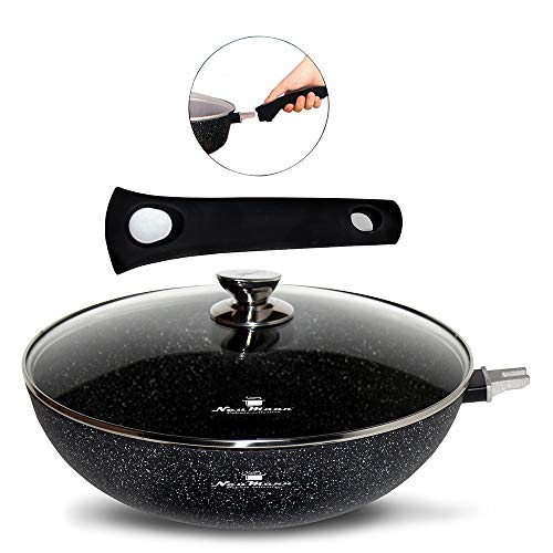 Sartén wok de 28 cm, mango extraíble con tapa de cristal, sartén wok | Revestimiento antiadherente reforzado | Aspecto de granito – Inducción – Gas – Sartén de vitrocerámica (28 cm)