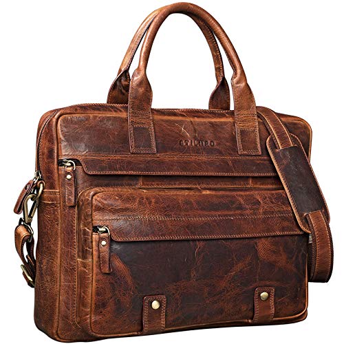 STILORD 'Leander' Bolsa de Negocios o maletín para portátil de 15.6'' Bolso de Piel para Trabajo de Hombres y Mujeres Bolsa Mensajero de Cuero auténtico, Color:Kara - Cognac