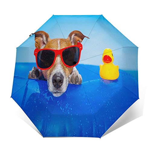 SUHETI Paraguas automático de Apertura/Cierre,Perro Jack Russell en un colchón en el Agua del océano en la Playa de Verano con Gafas de Sol Rojas,Paraguas pequeño Plegable a Prueba de Viento