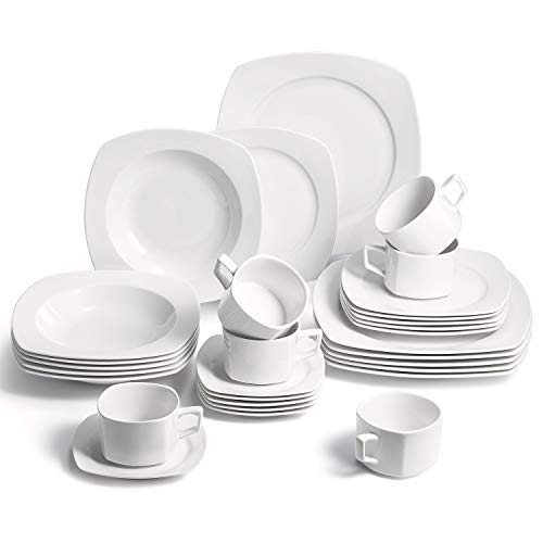 SUNTING Villa Table Classic - Vajilla de porcelana cuadrada (30 piezas, 6 platos hondos, 6 platos llanos, 6 platos de postre, 6 tazas de café, 6 platillos), color blanco