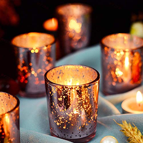 Supreme Lights Portavelas de cristal, juego de 12 unidades, 5,2 x 6,6 cm, vasos de vela de té, regalo para cumpleaños, fiestas, bodas, celebraciones, hogar, gastronomía (oro rosa)
