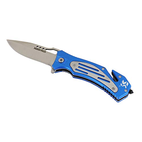 Swiss+Tech ST41100 Blue Folding Rescue Knife for Auto Safety, Emergency, Camping, Hunting