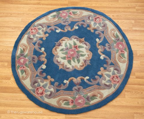The Rugs Warehouse - Alfombra redonda hecha a mano, 100% lana, diseño de loto tradicional con círculo azul, 120 cm