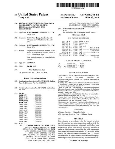 Thermally decomposable polymer compositions incorporating thermally activated base generators: United States Patent 9890244 (English Edition)