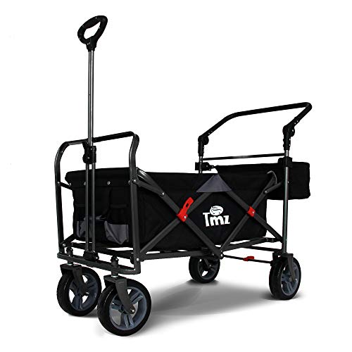 TMZ Carrito plegable para jardín con freno de pie, giratorio 360°, ruedas silenciosas, carro de mano, carrito de transporte para niños, bolsa trasera, 90 L, hasta 120 kg