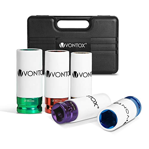 V VONTOX Vaso de Impacto de 5, CR-MO Material, Juego de 5 Vasos de Impacto de 1/2", con Protector Para llantas