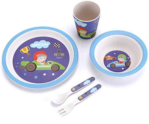 Vajilla Bambu Infantil Vajilla Fibra de Bambú Niños y Bebés 5 Piezas - Material Ecologico, Reciclable - Apto para Lavavajillas - Pack Eco, Bio, sin BPA (Bamboo) - Con Plato, Tazon, Vaso y Cubiertos