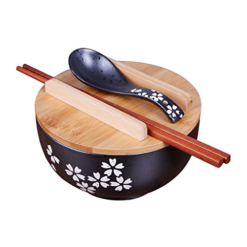 Vajilla de cocina japonesa Tazón de fuente de estilo vintage coreano Cuenco de arroz Tazón de fuente de cerámica instantánea de estilo japonés negro Palillos con tapa ( Size : 16cm(6.25 inches)