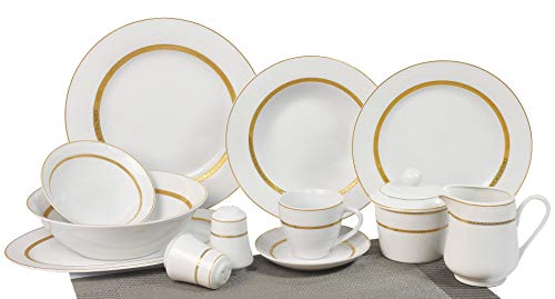 Vajilla de porcelana Victoria TK-990 de 43 piezas, con filo de oro, redonda