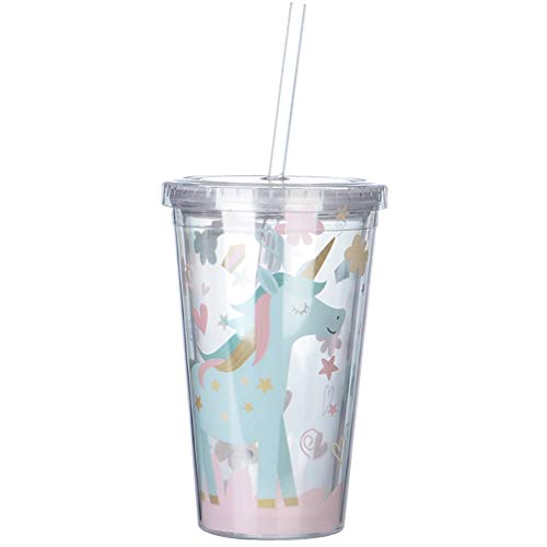VALICLUD - Vaso de unicornio de doble pared con tapa y pajita, de plástico a prueba de vertido para zumos de agua