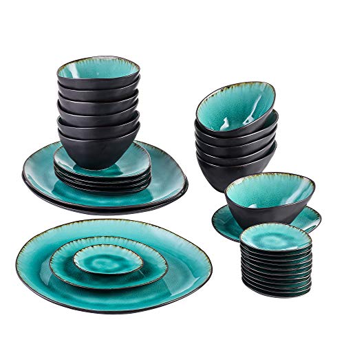 vancasso Serie Aqua Juego de Vajillas Esmaltadas Gres Vajilla Irregular de 33 Piezas Azul Turquesa, para 12 Personas, 12 Cuencos 12 Plato de Salsa, 6 Platos y 3 Plato Grande