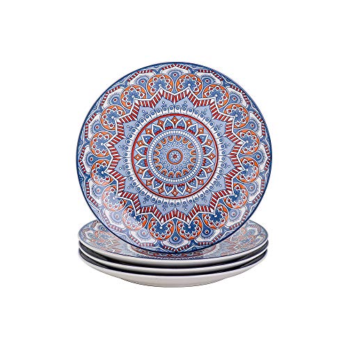 vancasso Serie Mandala Vajilla Porcelana Juego de 4 Platos Llanos Pintado a Mano Plato de Cena/Desayuno, Redondo Azul Claro