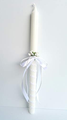 Vela bautizo niña de cera blanca, vela primera comunion,decorada con lazo color blanco y flor .medida altura 35 cm.