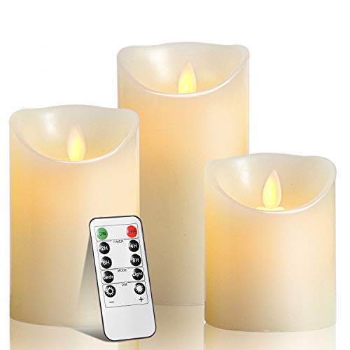 Velas LED,velas sin llama,4"5"6"Set de 3 de cera real Dripless marfil incluyen baile realista llevó las llamas y 10teclas de Control Remoto con Función de temporizador de 24h regalo de Navidad