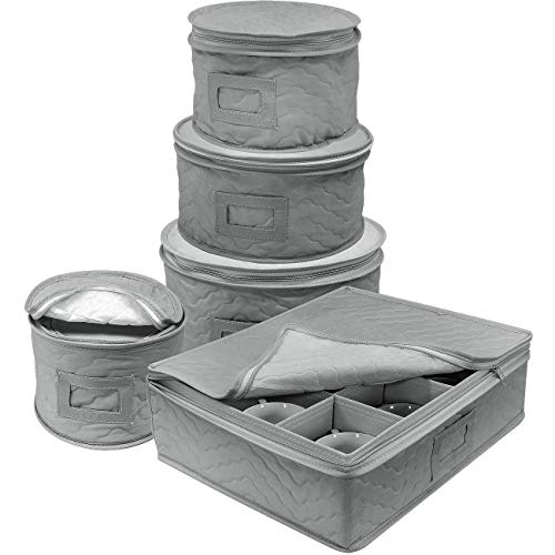 Velidy - Juego de 5 piezas de almacenamiento para platos y tazas, a prueba de polvo, para guardar o transportar platos de porcelana fina, tazas de té, copas de vino (gris)