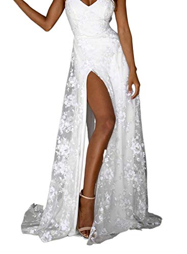 Vestido de Novia Cuello en V para Mujer Abertura A-línea Vestido Bordado de Encaje con Cuello de Pico Vestido Largo de Fiesta Blanco Halter con Abertura Lateral