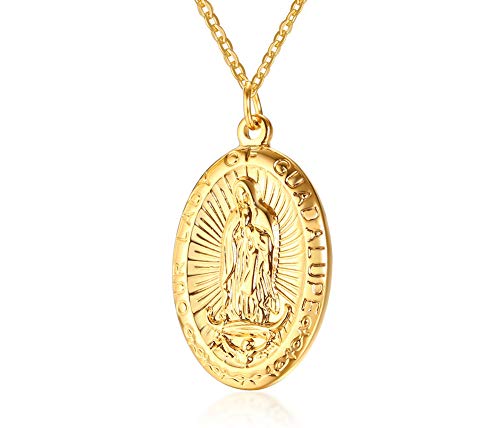 Vioness - Collar con colgante para hombre y mujer, diseño de medalla Virgen María con madre de Jesús, medalla ovalada chapada en oro