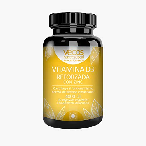 Vitamina D Vecos para el mantenimiento de huesos y la mejor absorción de calcio y fósforo – Vit D (colecalciferol) con zinc para reforzar nuestro sistema inmunológico – cápsulas vegetales