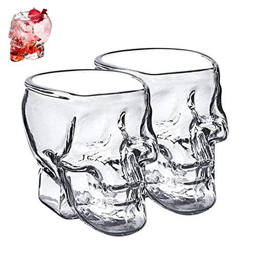 WANGIRL Elegante 2 Piezas Skull Vasos de Chupito 200ML Diseño de Calavera Gótica Vaso de Cristal Transparente con Diseño de Calavera Idea de Regalo para Whisky Vodka o Vino Favorito Único