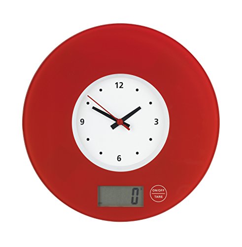 Wenko 53300100 Báscula de Cocina con Reloj de Pared Vidrio Templado Rojo