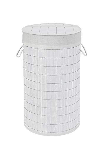 WENKO Cubo para la ropa sucia Bamboo redondo blanco - cesta para la ropa, Bambú, 35 x 60 x 35 cm, Blanco