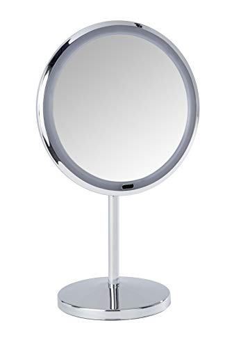 WENKO Espejo de pie para la cosmética con luz LED, Onno - Espejo de maquillaje con iluminación, superficie de espejo ø 16.5 cm, Acero, 20 x 34 x 13.5 cm, Cromo