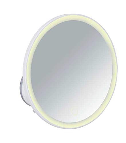 WENKO Espejo LED de pared Isola - Espejo para cosmética, espejo iluminado con ventosa de sujeción, superficie de espejo ø 17.5 cm 500 % aumento, Plástico, 18.5 x 18.5 x 10.5 cm, Blanco