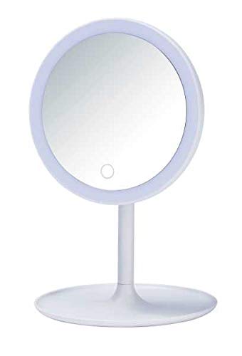 WENKO Espejo LED de pie para cosmética Turro - Espejo para cosmética, espejo iluminado, superficie de espejo: 16.5 x 16.5 cm superficie de espejo ø 18 cm, Plástico, 18 x 28 x 18 cm, Blanco