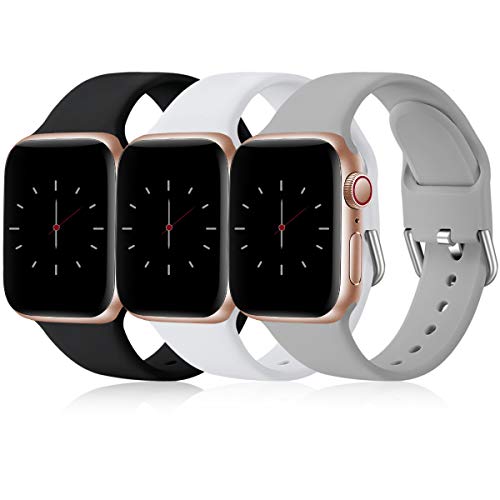 Wepro 3 Pack Correas Compatible con Apple Watch Correa 38mm 42mm 40mm 44mm, Correa de Silicona Suave de Repuesto Compatible con iWatch Series 6, 5 4 3 2 1, SE, 42mm/44mm-S/M, Negro/Blanco/Gris