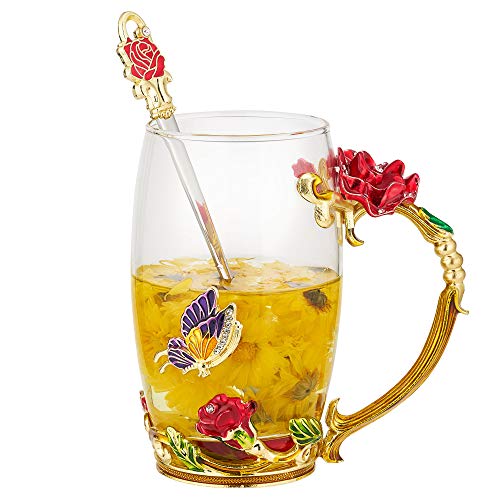 Xsayjia Mariposa Rosa/Crisantemo Copa de té de Flores Esmaltes de Vidrio Artesanal Tazas para Mujeres, Esposa, Madre, Maestra,día de la Madre, San Valentín(350ML Rose)