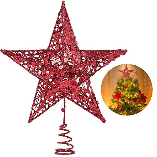 YQing Estrella de Punta de Árbol, 25.4cm Estrella de Navidad Decoración para árbol 5 Puntas Estrella Ornamento del arbol Navidad para árbol de Navidad o Decoración del Hogar (Roja)