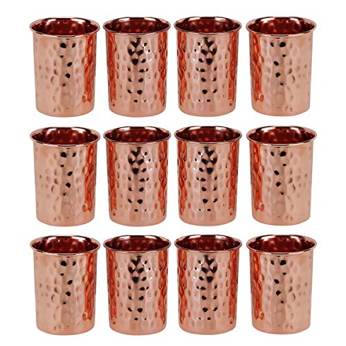 Zap Impex Vasos martillados de cobre, cristal, cobre puro, retención ayurvédica, juego de 12 unidades