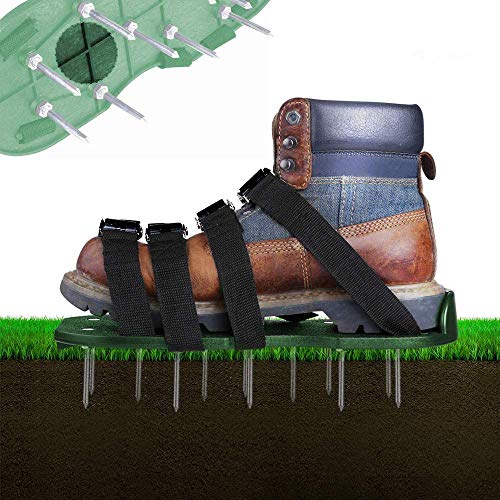 Zapatos aireadores de césped, 4 correas ajustables, suela de 30 cm de largo, clavos de 5,5 cm de largo, tamaño universal para escarificar el césped, se adapta a todos los zapatos o botas (verde)