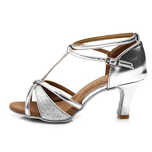 Zapatos de Baile SWDZM para Mujer,Zapatos de Ballet de Jazz Latino estándar, tacón-2.76 '',modelo-ES255 Plateado 37 EU/23.5CM