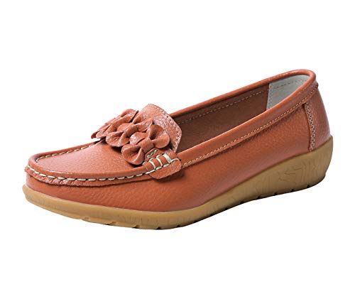 Zapatos de Cuero Cuña para Mujer Mocassins Planos Loafers Antideslizante Otoño Invierno Casual Derby,Naranja,EU 40 =CN 41