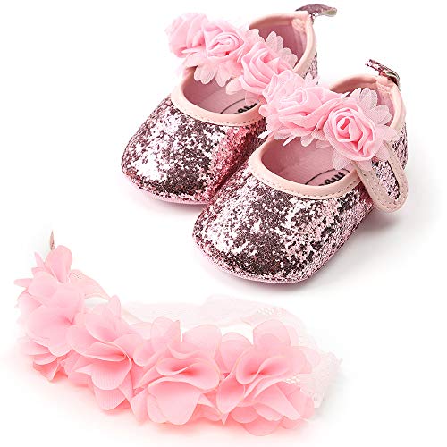 Zapatos de Princesa Bebe Niñas + Diadema de Flores Set, Bebe Recién Nacido Niñas Zapatos De Cuna Suave Suela Zapatillas De Deporte Prewalker Antideslizante Primeros Pasos Zapatos de Bautizo