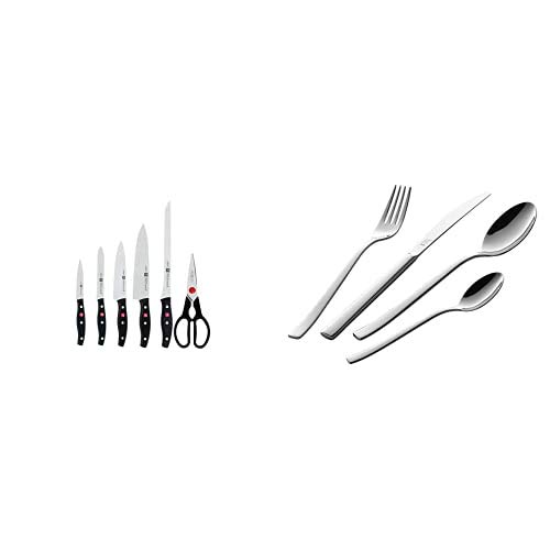 Zwilling TWIN POLLUX Set de 5 cuchillos y tijera doméstica multiusos, color negro + Bela Set de cubiertos de mesa, 42 piezas, acero inoxidable, 35 x 25 x 10 cm