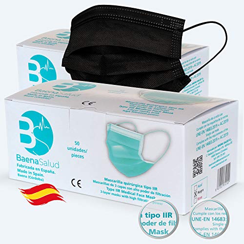 100 Mascarillas Quirúrgicas, higiénicas, desechables, Tipo IIR, en color negro, filtración (BFE) 98%, hechas en España 100 Mascarillas Quirúrgicas, higiénicas, desechables, Tipo IIR, en color negro, filtración (BFE) 98%, hechas en España
