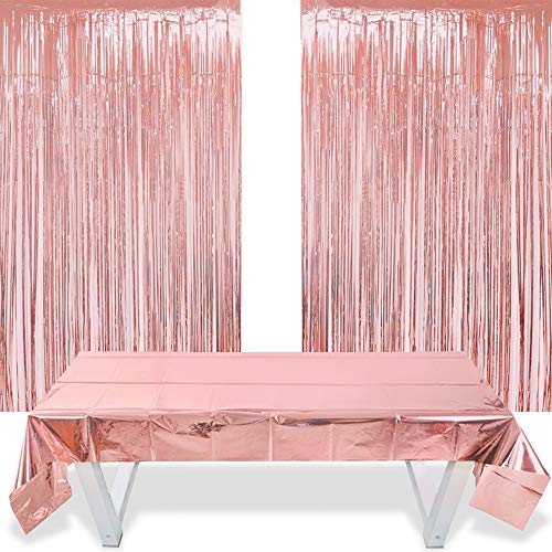 2 Cortinas Flecos Oro Rosa y 1 Funda de Papel de Aluminio de Rosegold Mantel Metálico (1m x 2,7m) para Mesas, Bodas, Fiestas de Novia, Compromisos, Baby Shower, Fondo de Fotos de Navidad