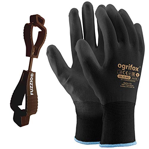24 pares de guantes de trabaj poliuretano y clip para guantes FUZZIO® (L - 9, Negro)