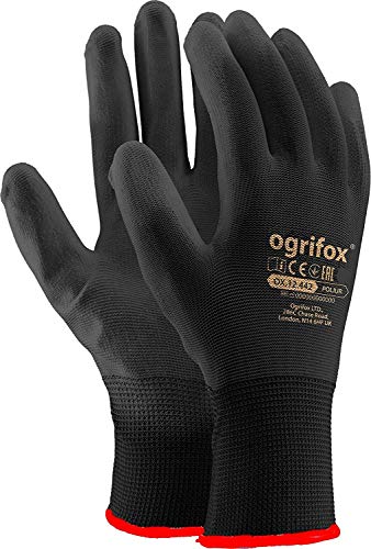 24 pares de guantes de trabajo de nailon negro revestidos de poliuretano para jardinería, construcción y mecánica, con adhesivo redondo AJS LTD®, negro
